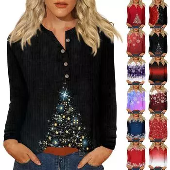 Жен. Футболка Футболка С принтом Пуговицы Длинный рукав Повседневные Выходные Мода Классический V-образный вырез Обычный Верх XL винный