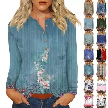 Жен. Футболка Футболка С принтом Пуговицы Длинный рукав Повседневные Выходные Мода Классический V-образный вырез Обычный Верх XXL фиолетовый