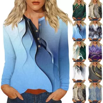 Жен. Футболка Футболка С принтом Пуговицы Длинный рукав Повседневные Выходные Мода Классический V-образный вырез Обычный Верх L