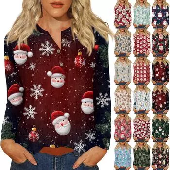 Жен. Футболка Футболка С принтом Пуговицы Длинный рукав Повседневные Выходные Мода Классический V-образный вырез Обычный Верх XXXL