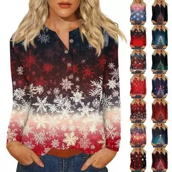 Жен. Футболка Футболка С принтом Пуговицы Длинный рукав Повседневные Выходные Мода Классический V-образный вырез Обычный Верх L