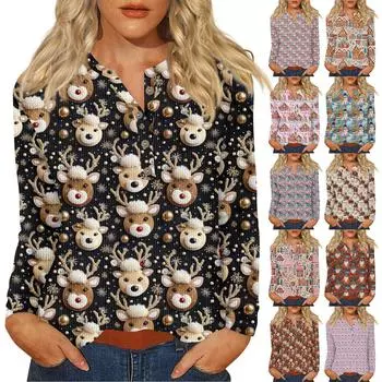 Жен. Футболка Футболка С принтом Пуговицы Длинный рукав Повседневные Выходные Мода Классический V-образный вырез Обычный Верх S