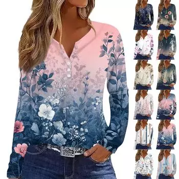 Жен. Футболка Футболка С принтом Пуговицы Длинный рукав Повседневные Выходные Мода Классический V-образный вырез Обычный Верх L