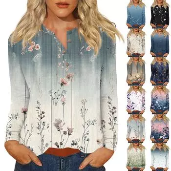 Жен. Футболка Футболка С принтом Пуговицы Длинный рукав Повседневные Выходные Мода Классический V-образный вырез Обычный Верх M