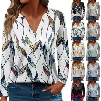Жен. Футболка Футболка С принтом Пуговицы Длинный рукав Повседневные Выходные Мода Классический V-образный вырез Обычный Топ M