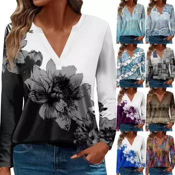 Жен. Футболка Футболка С принтом Пуговицы Длинный рукав Повседневные Выходные Мода Классический V-образный вырез Обычный Топ M