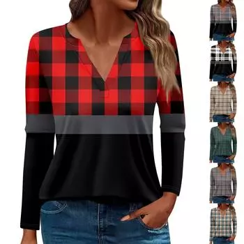 Жен. Футболка Футболка С принтом Пуговицы Длинный рукав Повседневные Выходные Мода Классический V-образный вырез Обычный Топ L чёрный