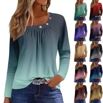 Жен. Футболка Футболка С принтом Пуговицы Длинный рукав Повседневные Выходные Мода Классический Классический Верх XL
