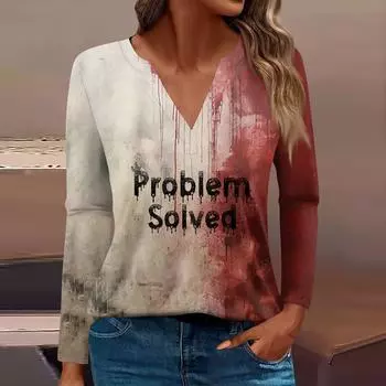 Жен. Футболка Футболка С принтом Пуговицы Длинный рукав Повседневные Выходные Мода Классический V-образный вырез Обычный Топ XL