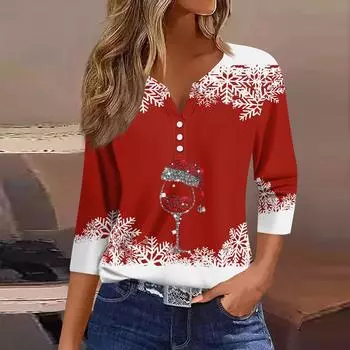 Жен. Футболка Футболка С принтом Пуговицы Рукав 3/4 Повседневные Выходные Мода Классический Классический V-образный вырез Обычный Верх L