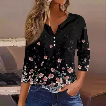Жен. Футболка Футболка С принтом Пуговицы Рукав 3/4Ежедневно Выходные Мода Классический Топ с v-образным вырезом Обычный L чёрный