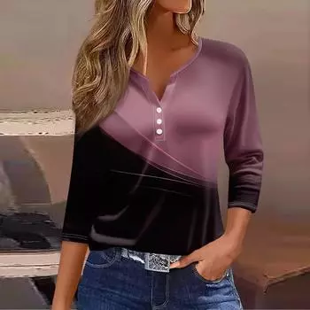 Жен. Футболка Футболка С принтом Пуговицы Рукав 3/4 Повседневные Выходные Мода Классический V-образный вырез Обычный Топ L чёрный