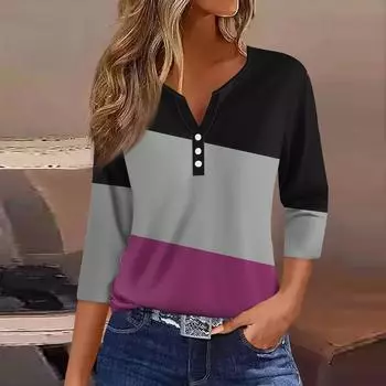 Жен. Футболка Футболка С принтом Пуговицы Рукав 3/4 Повседневные Выходные Мода Классический V-образный вырез Обычный Топ L чёрный