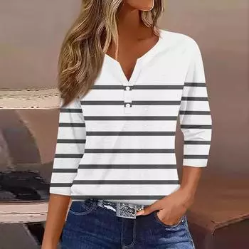 Жен. Футболка Футболка С принтом Пуговицы Рукав 3/4Ежедневно Выходные Мода Классический Топ с v-образным вырезом Обычный L чёрный