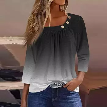 Жен. Футболка Футболка С принтом Пуговицы Рукав 3/4 Повседневные Выходные Мода Классический Классический Верх L чёрный