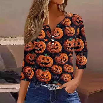 Жен. Футболка Футболка С принтом Пуговицы Рукав 3/4Ежедневно Выходные Мода Классический Топ с v-образным вырезом Обычный XXXL оранжевый