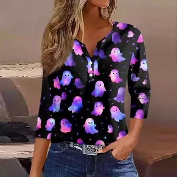 Жен. Футболка Футболка С принтом Пуговицы Рукав 3/4 Повседневные Выходные Мода Классический Классический V-образный вырез Обычный Верх M