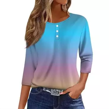 Жен. Футболка Футболка С принтом Пуговицы Рукав 3/4Ежедневно Выходные Мода Классический Топ с v-образным вырезом Обычный L синий