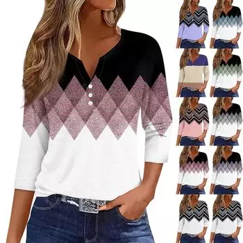 Жен. Футболка Футболка С принтом Пуговицы Рукав 3/4 Повседневные Выходные Мода Классический Классический V-образный вырез Обычный Верх L чёрный