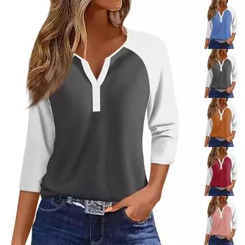 Жен. Футболка Футболка с принтом Пуговицы Рукав 3/4 Рукав реглан Повседневные Выходные Мода Классический V-образный вырез Обычный Топ L чёрный