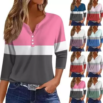 Жен. Футболка Футболка С принтом Пуговицы Рукав 3/4 Повседневные Выходные Мода Классический V-образный вырез Обычный Топ L синий