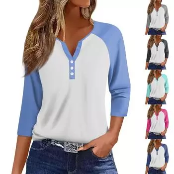 Жен. Футболка Футболка с принтом Пуговицы Рукав 3/4 Рукав реглан Повседневные Выходные Мода Классический V-образный вырез Обычный Топ L чёрный