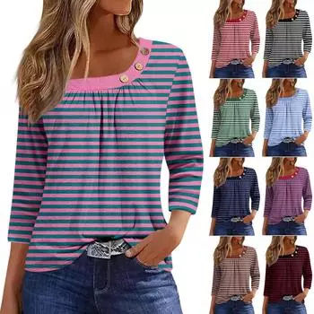 Жен. Футболка Футболка С принтом Пуговицы Рукав 3/4 Повседневные Выходные Мода Классический Классический Верх L чёрный