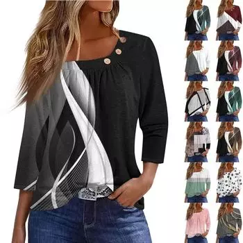 Жен. Футболка Футболка С принтом Пуговицы Рукав 3/4 Повседневные Выходные Мода Классический Классический Верх L армия зеленый