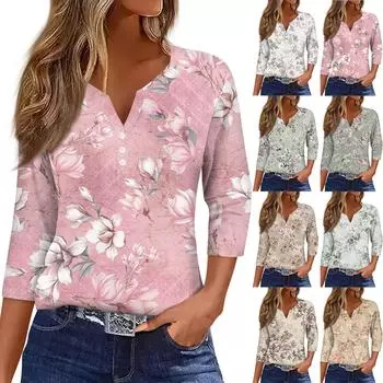 Жен. Футболка Футболка С принтом Пуговицы Рукав 3/4 Повседневные Выходные Мода Классический Классический V-образный вырез Обычный Верх L армия зеленый