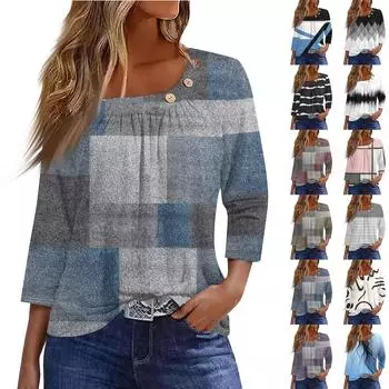 Жен. Футболка Футболка С принтом Пуговицы Рукав 3/4 Повседневные Выходные Мода Классический Классический Верх L бежевый