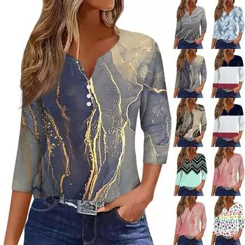 Жен. Футболка Футболка С принтом Пуговицы Рукав 3/4 Повседневные Выходные Мода Классический Классический V-образный вырез Обычный Верх L бежевый
