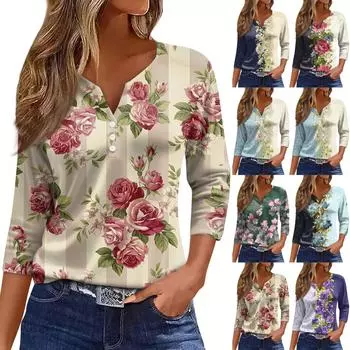 Жен. Футболка Футболка С принтом Пуговицы Рукав 3/4 Повседневные Выходные Мода Классический V-образный вырез Обычный Топ L бежевый