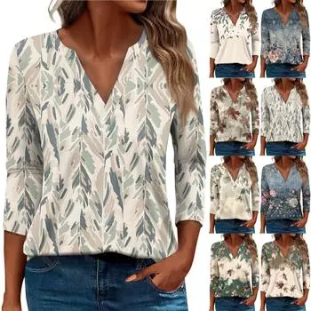 Жен. Футболка Футболка С принтом Пуговицы Рукав 3/4 Повседневные Выходные Мода Классический Классический V-образный вырез Обычный Верх XL