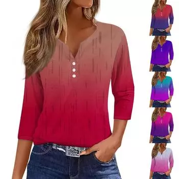 Жен. Футболка Футболка С принтом Пуговицы Рукав 3/4 Повседневные Выходные Мода Классический Классический V-образный вырез Обычный Верх M киноварь