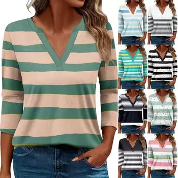 Жен. Футболка Футболка С принтом Пуговицы Рукав 3/4 Повседневные Выходные Мода Классический V-образный вырез Обычный Топ L чёрный