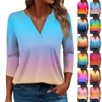 Жен. Футболка Футболка С принтом Пуговицы Рукав 3/4 Повседневные Выходные Мода Классический Классический V-образный вырез Обычный Верх L синий