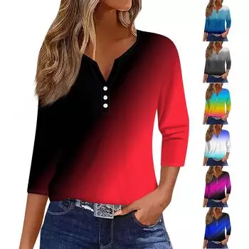 Жен. Футболка Футболка С принтом Пуговицы Рукав 3/4 Повседневные Выходные Мода Классический V-образный вырез Обычный Топ L синий