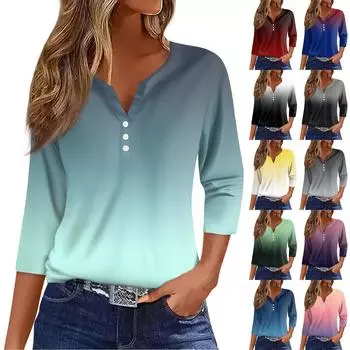 Жен. Футболка Футболка С принтом Пуговицы Рукав 3/4 Повседневные Выходные Мода Классический Классический V-образный вырез Обычный Верх L чёрный