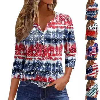 Жен. Футболка Футболка С принтом Пуговицы Рукав 3/4 Повседневные Выходные Мода Классический V-образный вырез Обычный Топ L синий