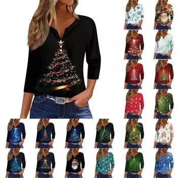 Жен. Футболка Футболка С принтом Пуговицы Рукав 3/4 Повседневные Выходные Мода Классический V-образный вырез Обычный Топ S