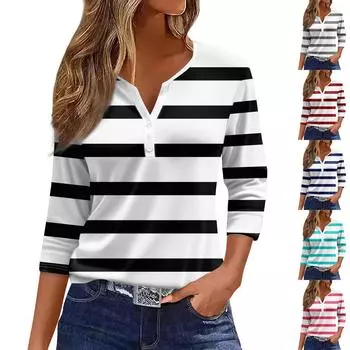 Жен. Футболка Футболка С принтом Пуговицы Рукав 3/4 Повседневные Выходные Мода Классический V-образный вырез Обычный Топ L чёрный