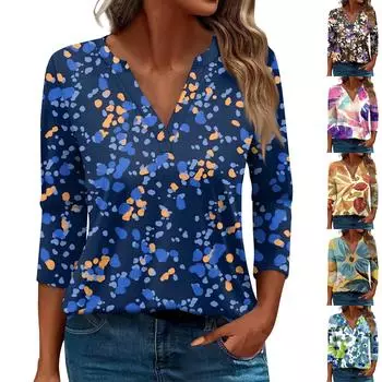 Жен. Футболка Футболка С принтом Пуговицы Рукав 3/4 Повседневные Выходные Мода Классический Классический V-образный вырез Обычный Верх M синий