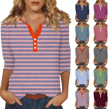 Жен. Футболка Футболка С принтом Пуговицы Рукав 3/4 Повседневные Выходные Мода Классический Классический V-образный вырез Обычный Верх L чёрный