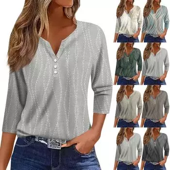 Жен. Футболка Футболка С принтом Пуговицы Рукав 3/4 Повседневные Выходные Мода Классический V-образный вырез Обычный Топ S
