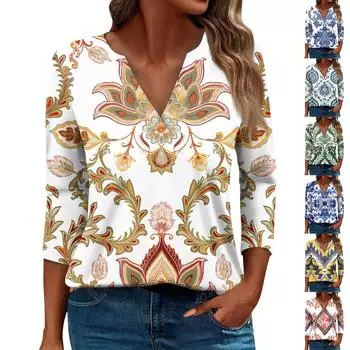 Жен. Футболка Футболка С принтом Пуговицы Рукав 3/4 Повседневные Выходные Мода Классический Классический V-образный вырез Обычный Верх L бежевый