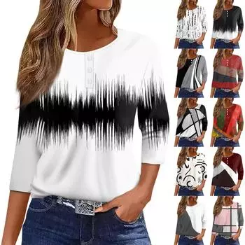 Жен. Футболка Футболка с принтом Пуговицы Рукав 3/4 Повседневные Выходные Мода Классический Круглый вырез Обычный Топ L бежевый