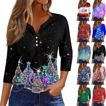 Жен. Футболка Футболка С принтом Пуговицы Рукав 3/4 Повседневные Выходные Мода Классический Классический V-образный вырез Обычный Верх XXXL