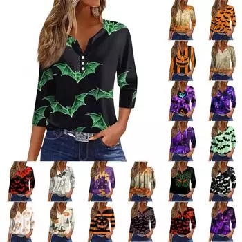 Жен. Футболка Футболка С принтом Пуговицы Рукав 3/4 Повседневные Выходные Мода Классический V-образный вырез Обычный Топ XXXL фиолетовый