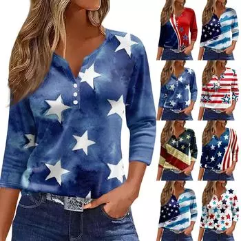 Жен. Футболка Футболка С принтом Пуговицы Рукав 3/4 Повседневные Выходные Мода Классический V-образный вырез Обычный Топ M синий