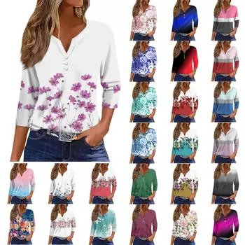Жен. Футболка Футболка С принтом Пуговицы Рукав 3/4 Повседневные Выходные Мода Классический V-образный вырез Обычный Топ XXL